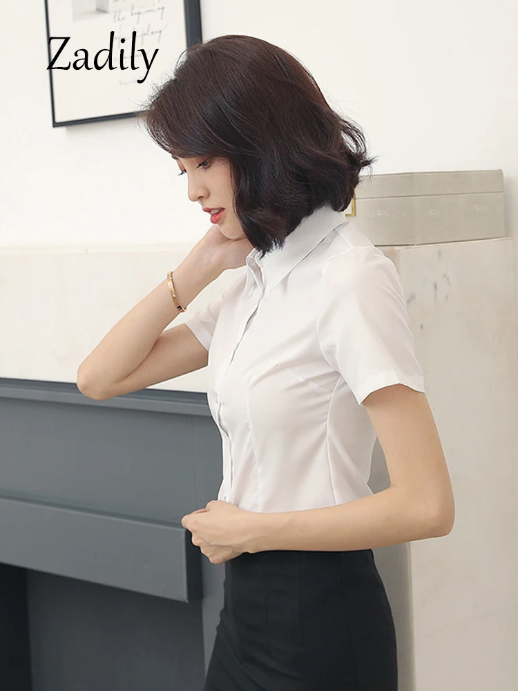 Summer Office Lady Button Up Women Basic White Shirt Minimalist Slim Tunic Button Up Top Short Sleeve Woman Work Shirts Clothing - Image 3
