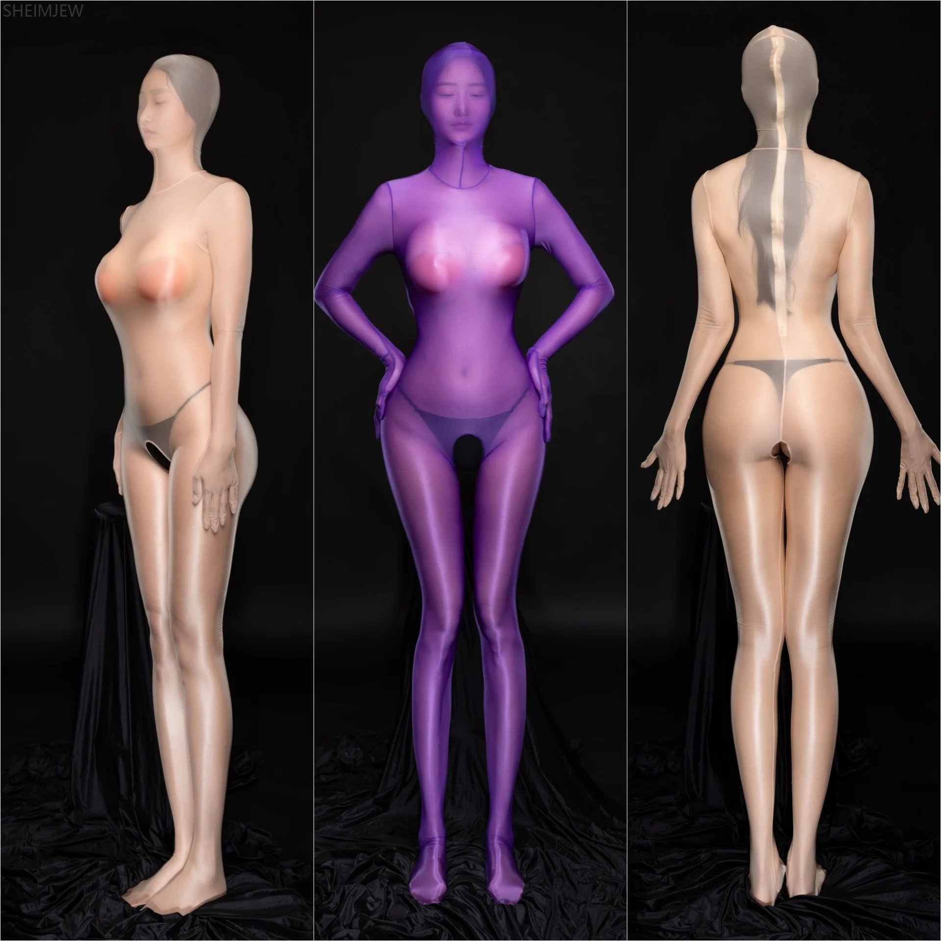 Sexy Adult Female Transparent Full Body Wrapped Head Bodysuit Plus Size Sm Sexy Lingerie Oil Smooth Silk Solid Color Bodysuit