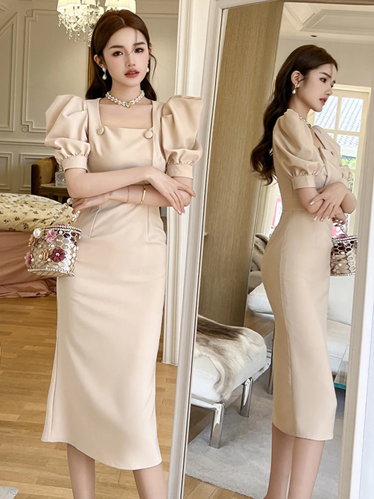 Summer Women Evening Dress Formal Vintage Chic Square Collar
