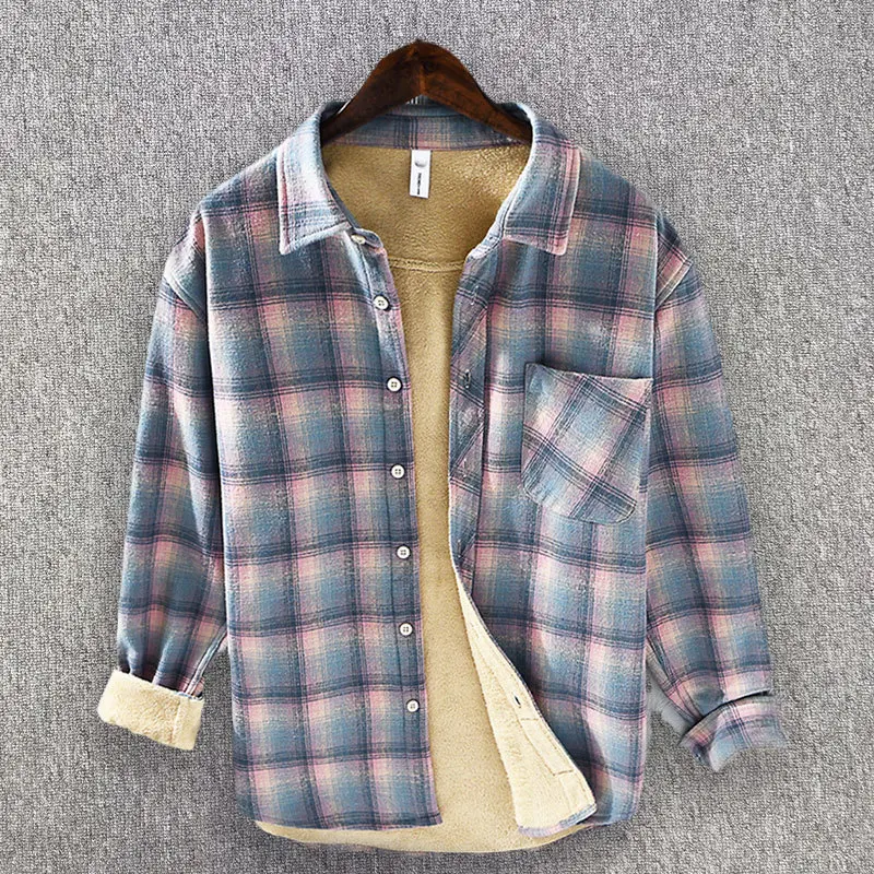 Men's Button Down Long Sleeve Brushed Plaid Casual Shirts Fall Winter Single Pocket Thicken Fleece Sherpa Lined Flannel Shirts hooded flannel plaid letter patched pocket shirt xxl night