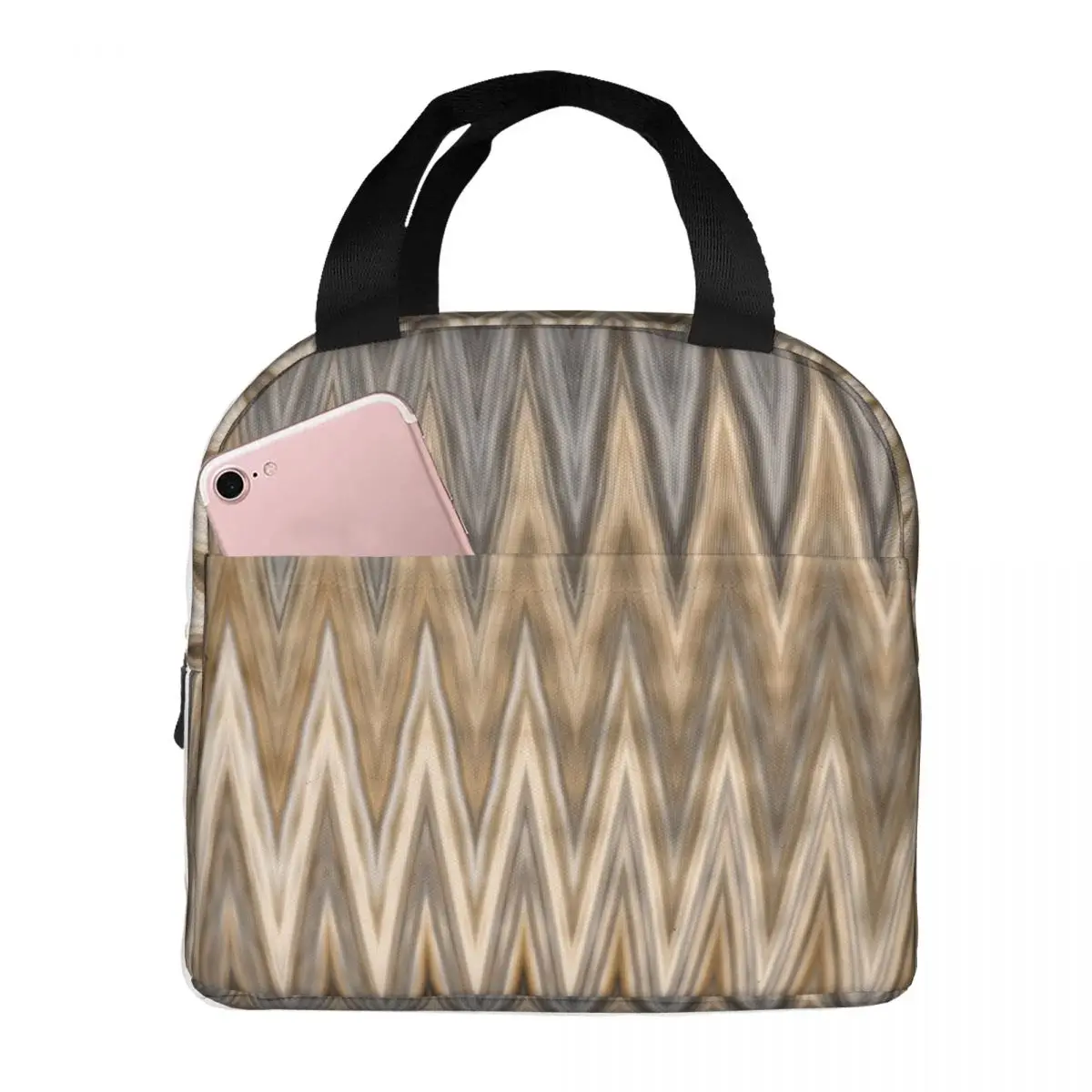 Earth Toned Wavy Zigzag Lunch Bag Portable Insulated Cooler Zig Zag Thermal Cold Food Picnic Work Lunch Box For Women Children