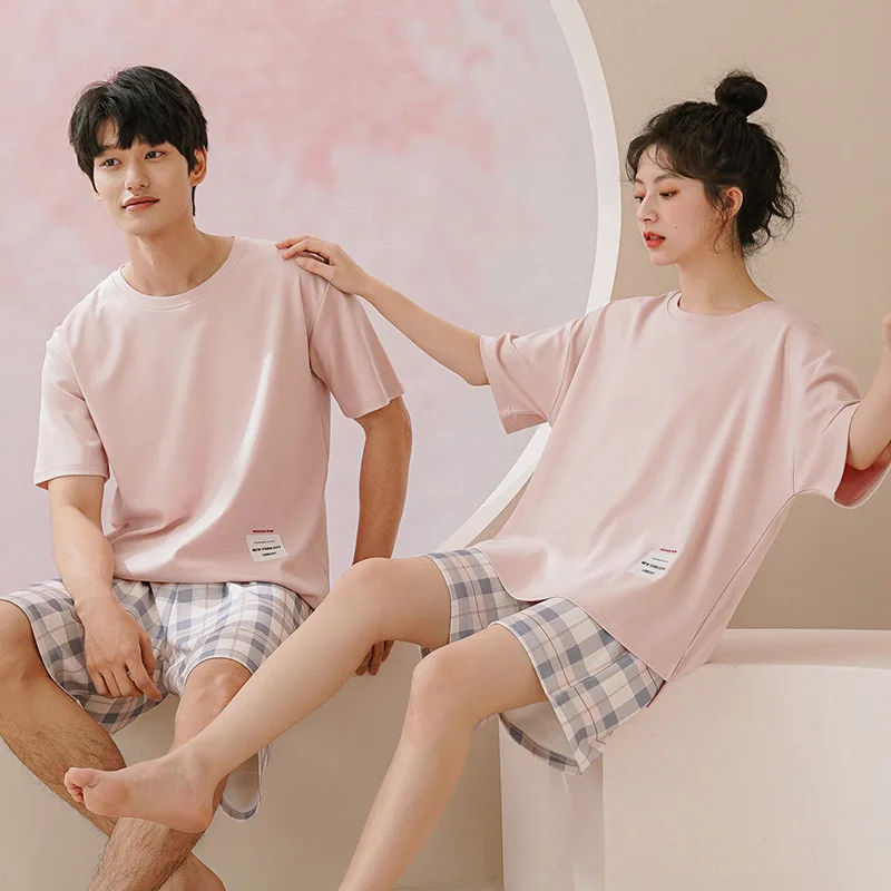 High Quality 100% Cotton Korean Fashion Pajamas Set for Couple Summer Shorts Sleepwear Men and Women Matching Nightwear Dropship
