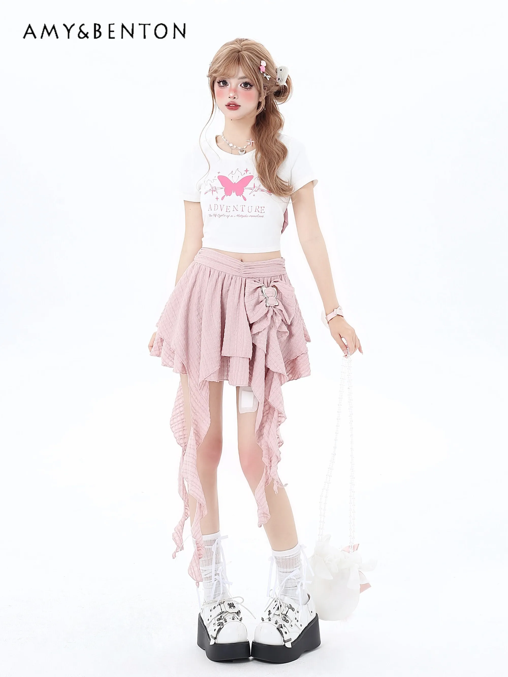 

Elegant Graceful Ballet Style Bow Irregular Skirt Women Summer New Sweet Cute High Waist Slim Mini Skirt Hot Girl Goth Y2k Skirt