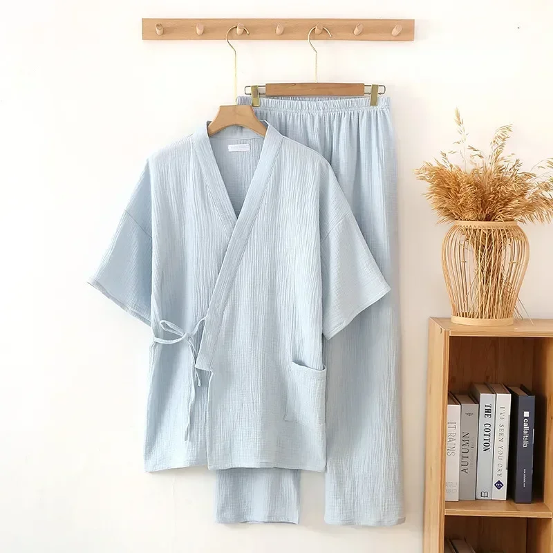 

Comfortable for Short-sleeved Couple Cotton Set Loungewear Perfect With Gauze Women's Trousers Crepe Stylish Pajama Top