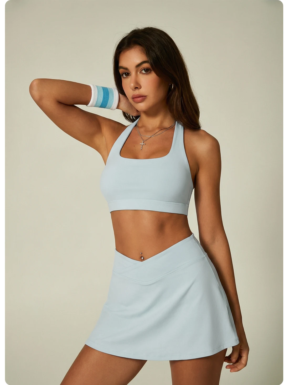 2 Piece Tennis Set Women Crossover V Waist Tennis Skirt Padded Halter Sports Bra Breathable Summer Gym Workout Yoga Skort Suit