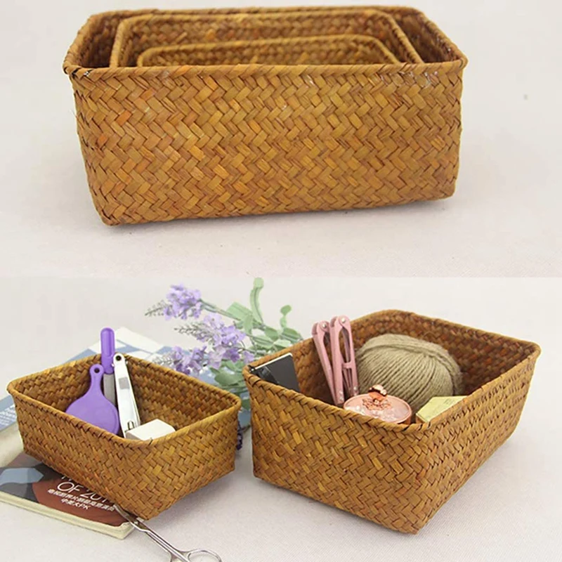 Seagrass Storage Basket, Multisize Handmade Rattan Shelf Baskets & Home Storage Bins Baskets for Decoration