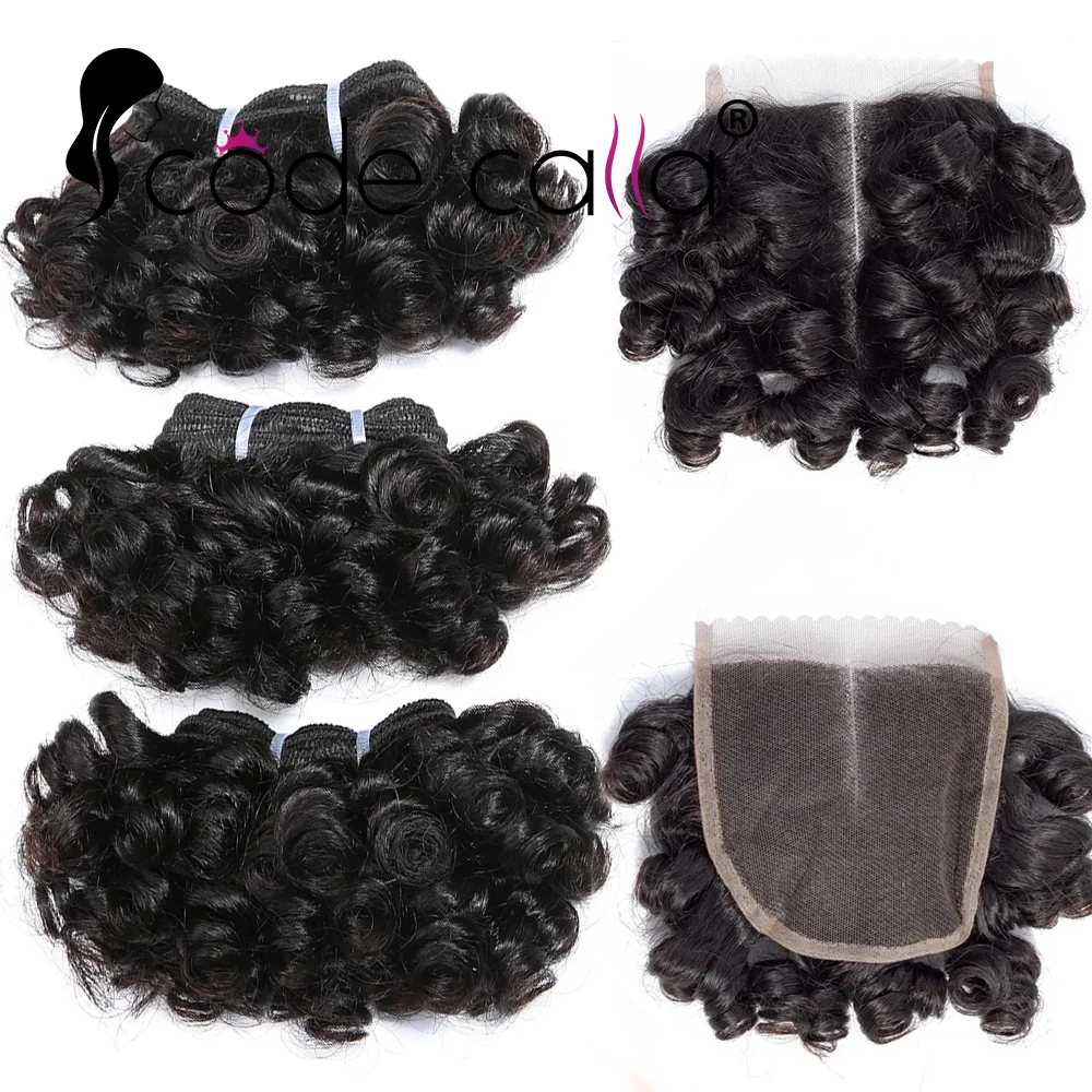 Human Hair Bundles Bouncy Curly Bundles with 4x4 Lace Closure Brazilian Remy Human Hair Extensions Natural Water Wave Dark Brown Color Hair