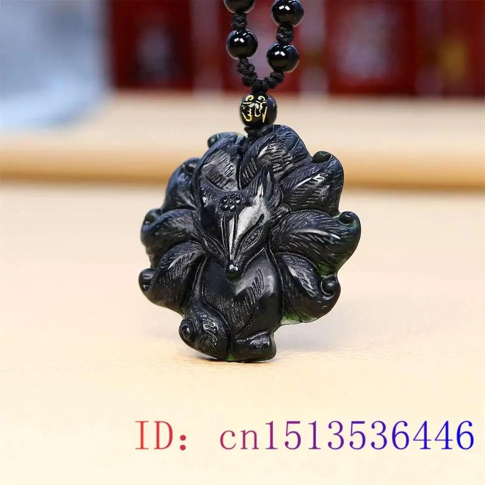 Jade Nine Tailed Fox Pendant Black Necklace Accessories Gemstone