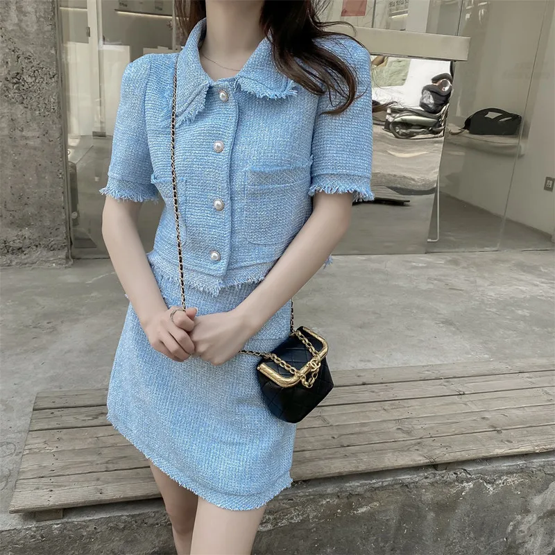 

BULOCHOVA Designer Summer Small Fragrant Tweed Wool Women's Suit Clothes Short Coat + High Waist Mini Skirt 2 Piece Sets Outfits