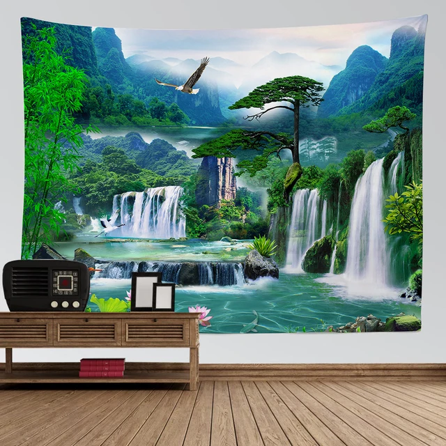 Tapisserie de paysage naturel, décoration esthétique pour salle, cascade de montagne, oiseau, coucher de soleil, fleur, décoration murale suspendue pour la maison 5