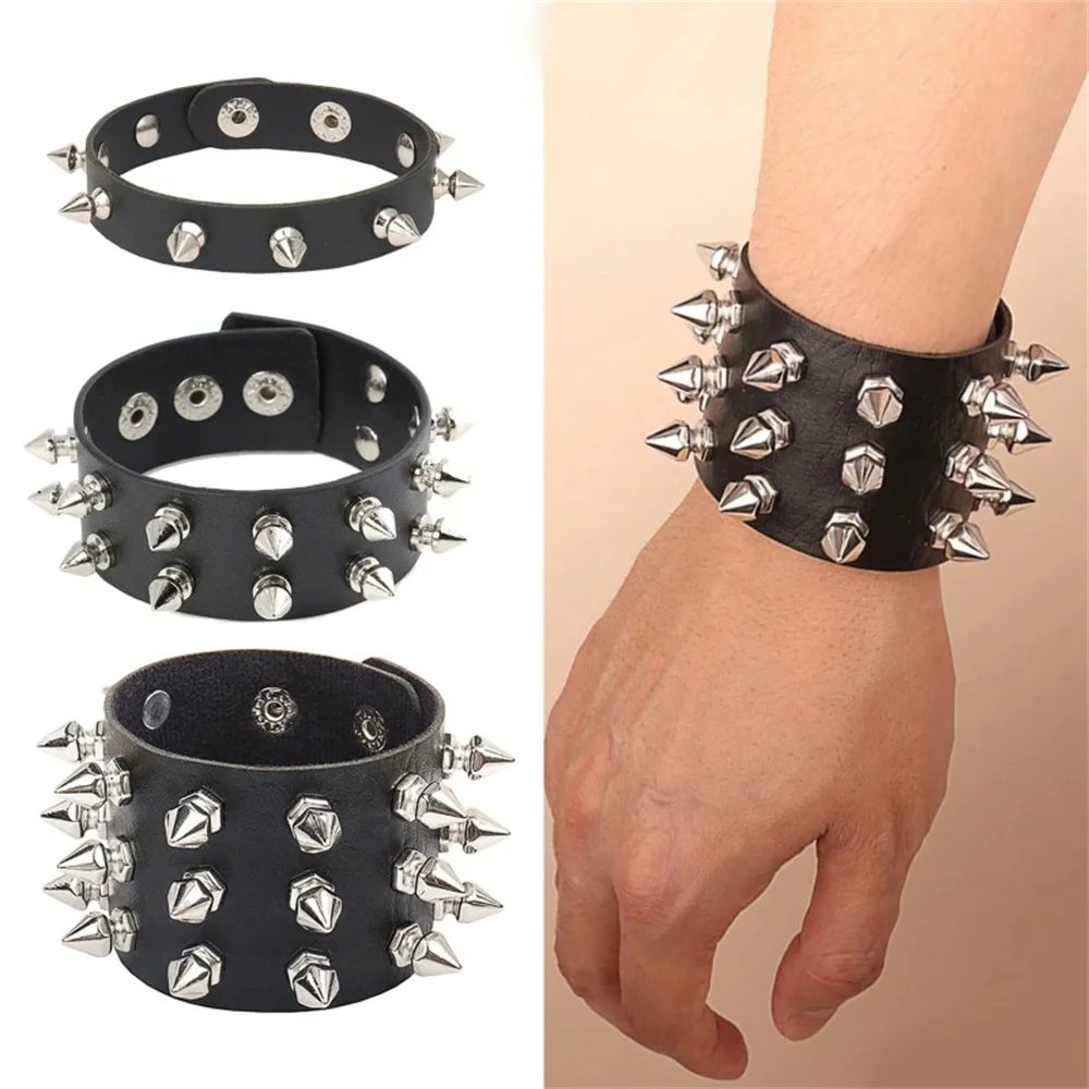 2024 Pu Leather Studded Choker Punk Spike Rivets Wristband Adjustable Bangle 2