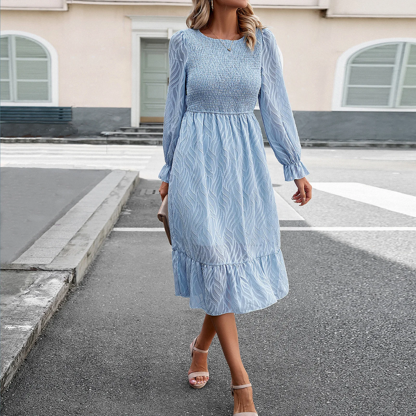 

Women Spring Autumn Fashion O-neck Elastic Waist Long Sleeved Temperament Elegant Patchwork Dresss Robe Dresss