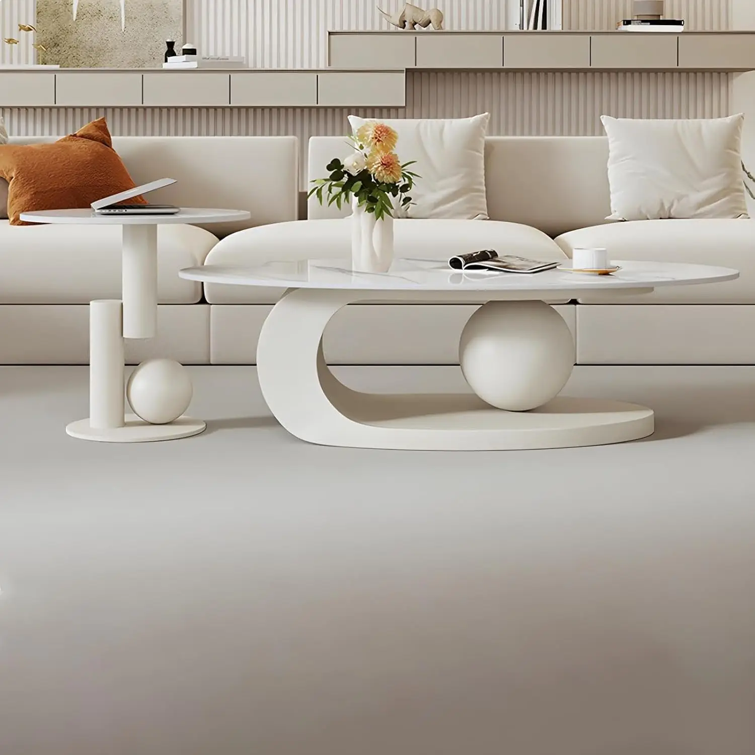 Modern Stone Coffee Table, Abstract Metal Base Living Room Table, 40 in (White, 47"x24"x17") 2