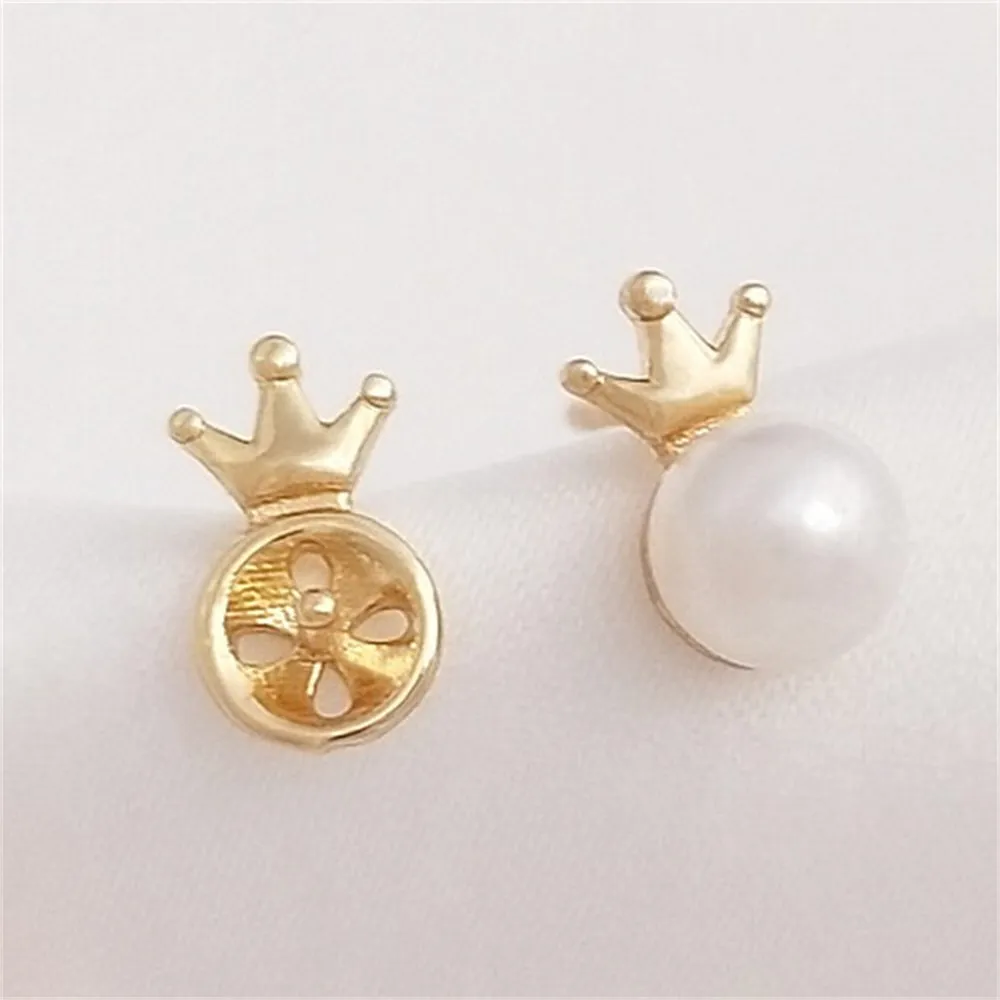 14K Gold Crown Bead Set Mini Earrings S925 Silver Needle DIY Handmade Pearl Jewelry Earring Accessories E153