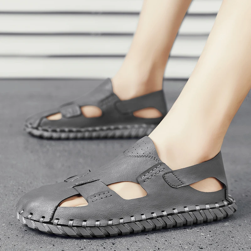 

Men's Genuine Leather Sandals 2023 Summer New Breathable Hollow Roman Casual Slides Shoes for Men Slip on Closed Toe Beach Shoes