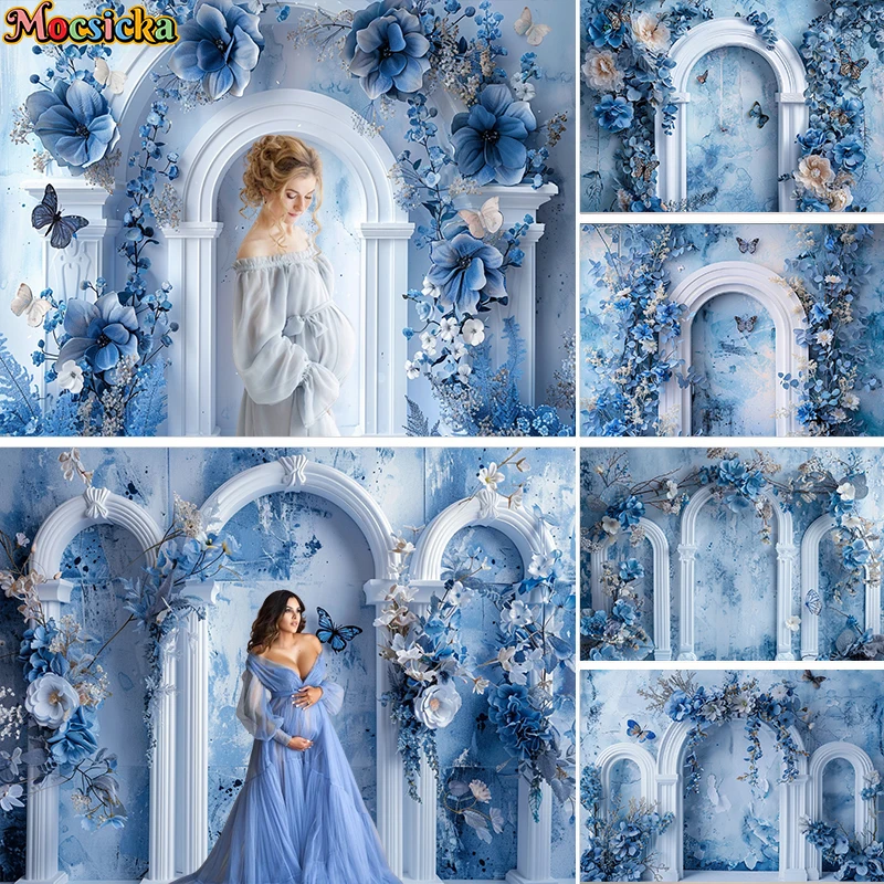 

Mocsicka Photography Background Blue Butterfly Floral Arch Decor Birthday Wedding Cake Smash Kids Portrait Backdrop Photo Studio