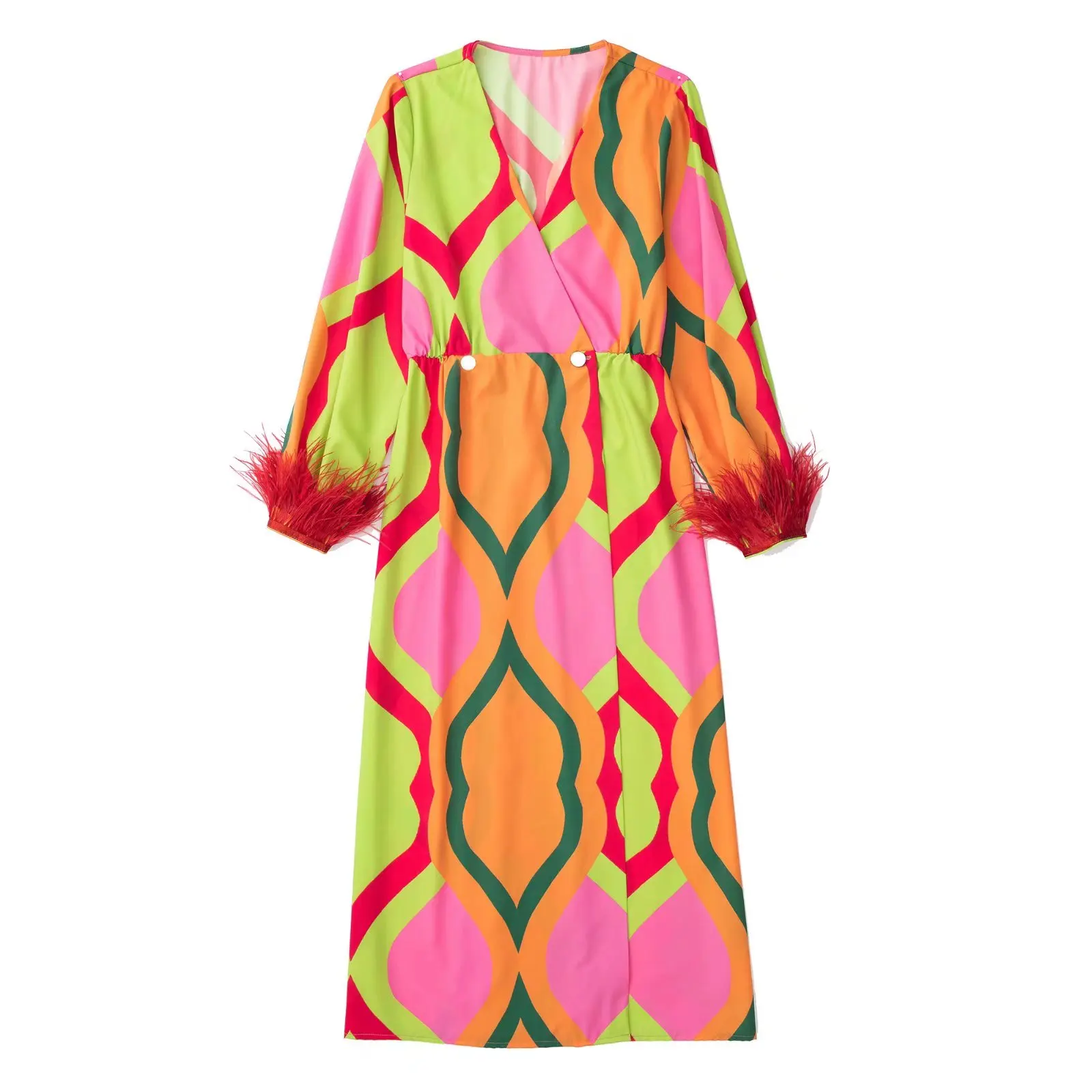 Colorful Geometric Print Long Dress With Feathers Cuff Long Sleeves