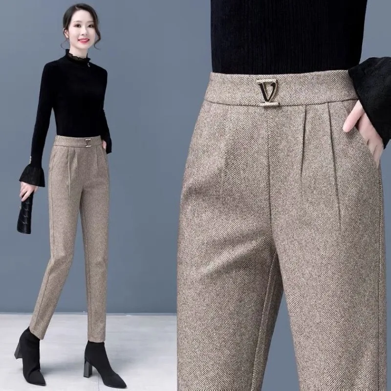 

Office Lady Slim Wool Pencil Pants Spring Autumn New Korean Fashion Woman Clothing Elastic High Waist Streetwear Casual Trousers