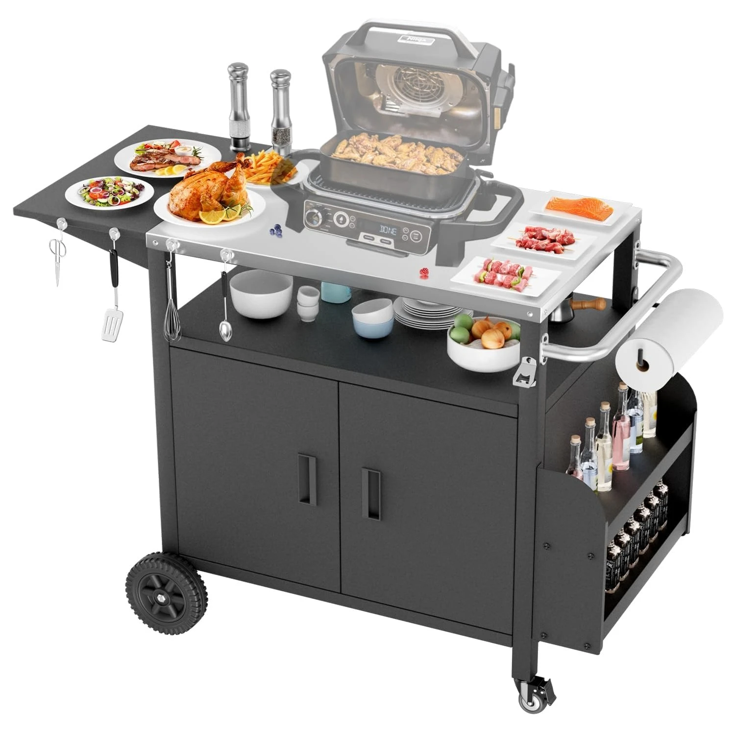 XL Outdoor Grill Cart with Cabinet, Extra-Wide Stainless Steel Table Top, Large Spice Rack & Lockable Wheels,Customized 1