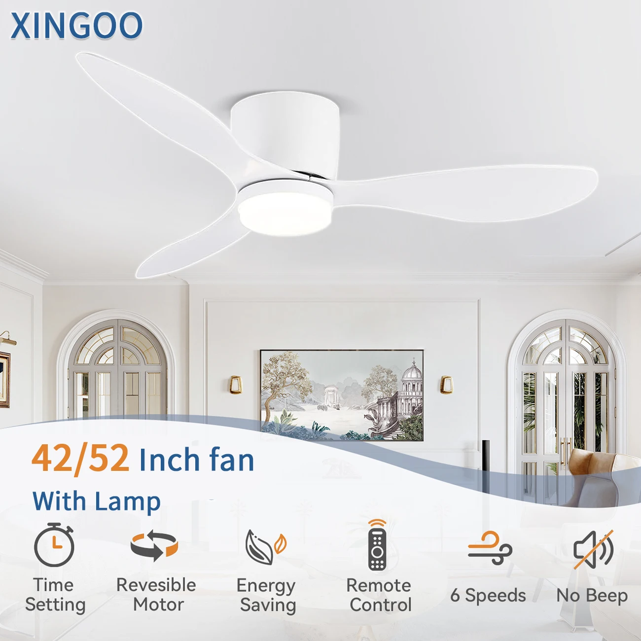 Ceiling fan 42Inch Mount Ceiling Fan Light 3 Colors 6 Speeds Timing Low Profile Ceiling Fan Remote Control Bedroom Dining Room