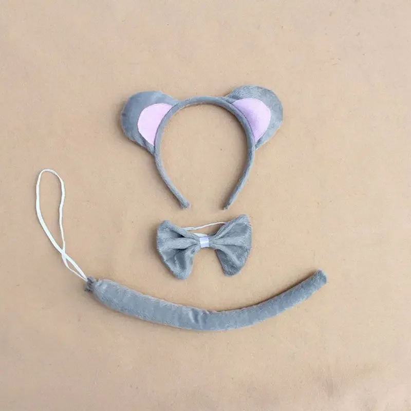 Child Adult Animal Costume Sets Mouse Ears Headband Bow Ties Long Tail Halloween Birthday Party Cosplay 3Pcs