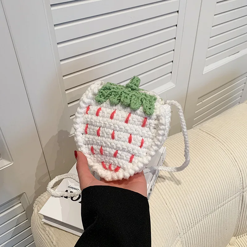 Hand-Knitted Strawberry Crossbody Bag - Cute Kawaii Wool Crochet Purse For Women (Pink) - View #5
