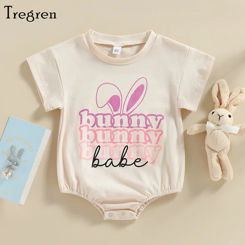 

Tregren Easter Infant Baby Girl Boy Romper Short Sleeve Round Neck Bunny Letters Print Short Jumpsuit Casual Summer Outfits