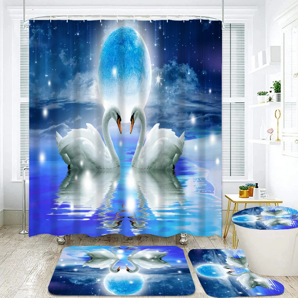 

Starry Sky lovers Swan Bathroom Curtains Waterproof Polyester romantic Women Shower Curtain Set Bath Mats Rugs Toilet Lid Cover