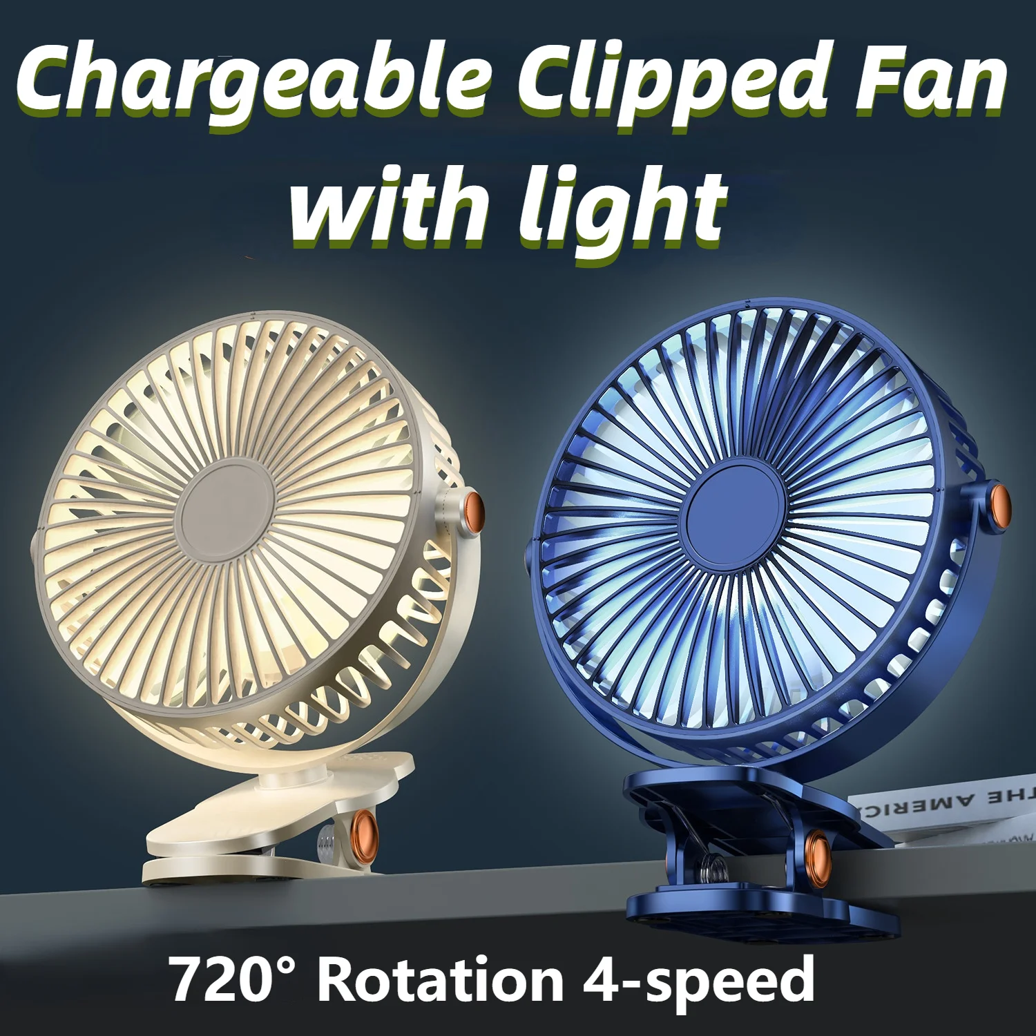 

Mini 4000mAh Chargeable Clipped Fan With Light 720° Rotation 5-speed USB Desktop Ventilator Silent Air Conditioner Room Cooler