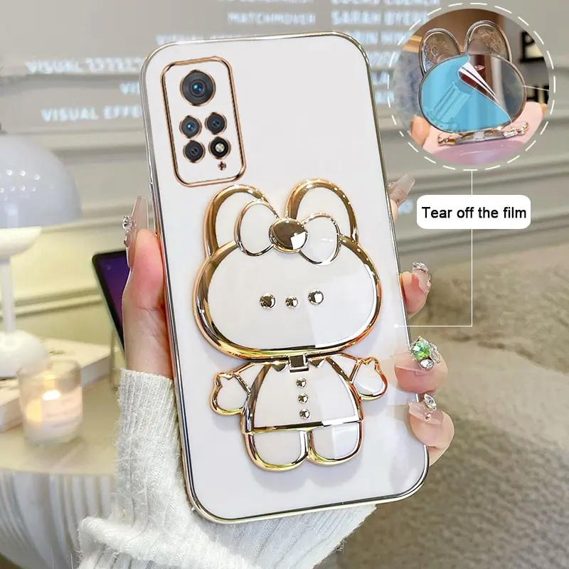 

Makeup Mirror Phone Case For Xiaomi Redmi Note 11 Pro Plating Cartoon Rabbit Folding Bracket Phone Protection Case Cover