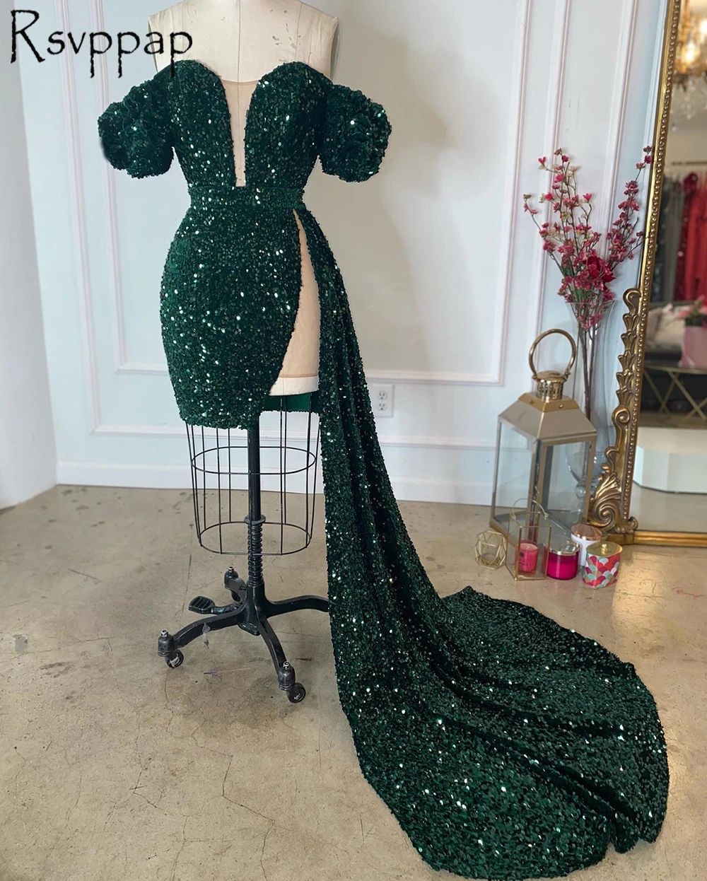 Short Party Prom Dresses 22 Real Photo African Girl Deep V Neck Cap Sleeves Green Sequin Prom Dress With Long Train Aliexpress