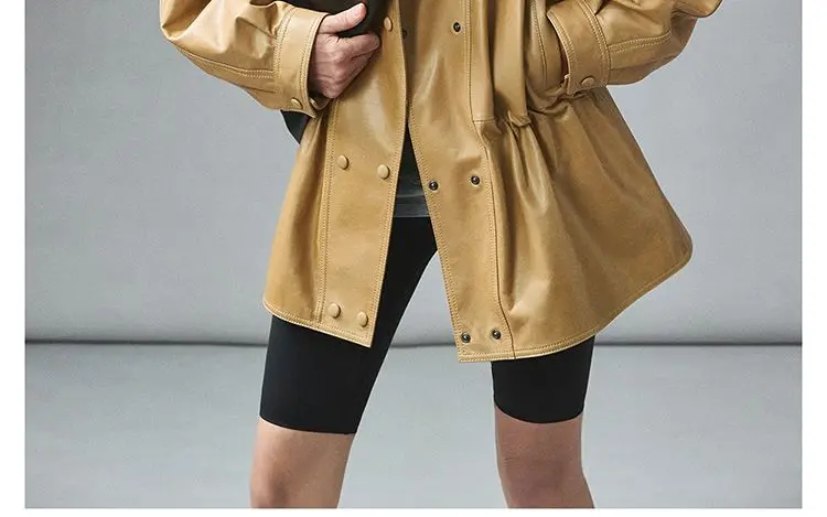 Women's Spring/Autumn Blouse Outerwear Jacket Faux Leather Jacket Double Collar Pleated Fitted Waist Retro Mid-Length Loose Fit