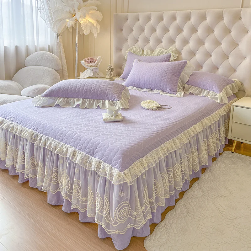 AI WINSURE-Washed Cotton Bed Cover with Pillowcase, Chic Lace Ruffles Bed Skirt, Quilted Bedspread, Queen, King Size, 3pcs