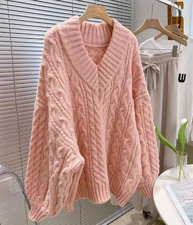 Oversized Sweater Women Fashion Preppy Pink V Neck Knitted Pullovers Harajuku Korean Long Sleeve Knitwear Winter Jumpers