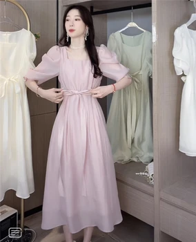 Summer Postpartum Women's Nursing Dress Short Sleeve Square Collar Solid Color Maternity Breastfeeding Dress Princess Dress Cute