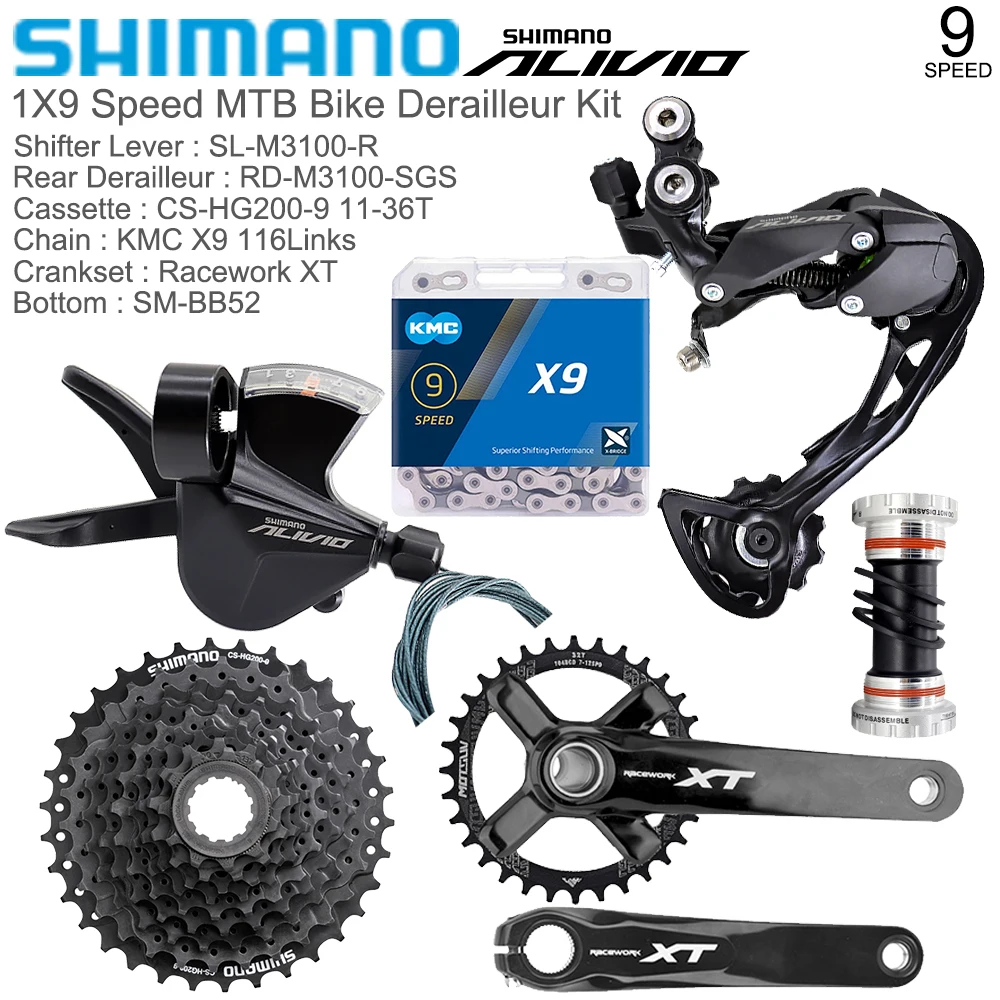 

SHIMANO ALIVIO M3100 1X9 Speed Groupset M3100 Rear Derailleurs HG200-9 Cassette KMC X9 Chain BB52 Bottom MTB Bicycle Bike Kit