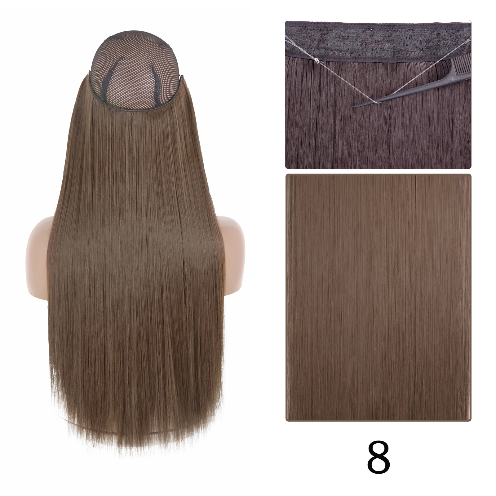 Extensiones de cabello sintético sin clip AZQUEEN, negro, rubio, largo, liso, con alambre de pescado secreto, postizo resistente al calor para mujer