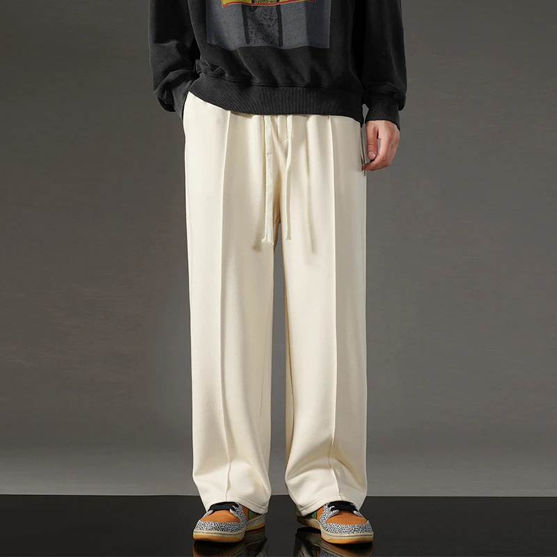 Men's Spring Autumn Solid Pockets Elastic High Waisted Drawstring Casual Loose Straight Leg Wide Leg Trousers Fashion Pants wide leg pants