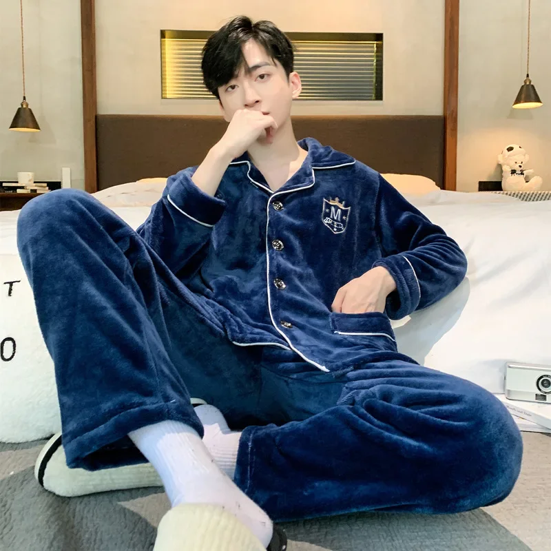 Casual Home Youth Winter Long Sleeve Warm Fleece-lined Thickened Flannel Pajamas For Men Warm Comfortable Sleepwear