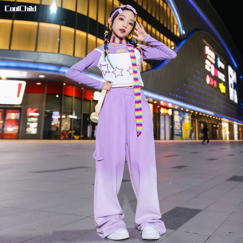 Girls Lovely Streetwear Children Hip Hop Crop Top Gradient Loose Pants Teen Clothes Sets Kids Street Dance Sweet Jazz Costumes