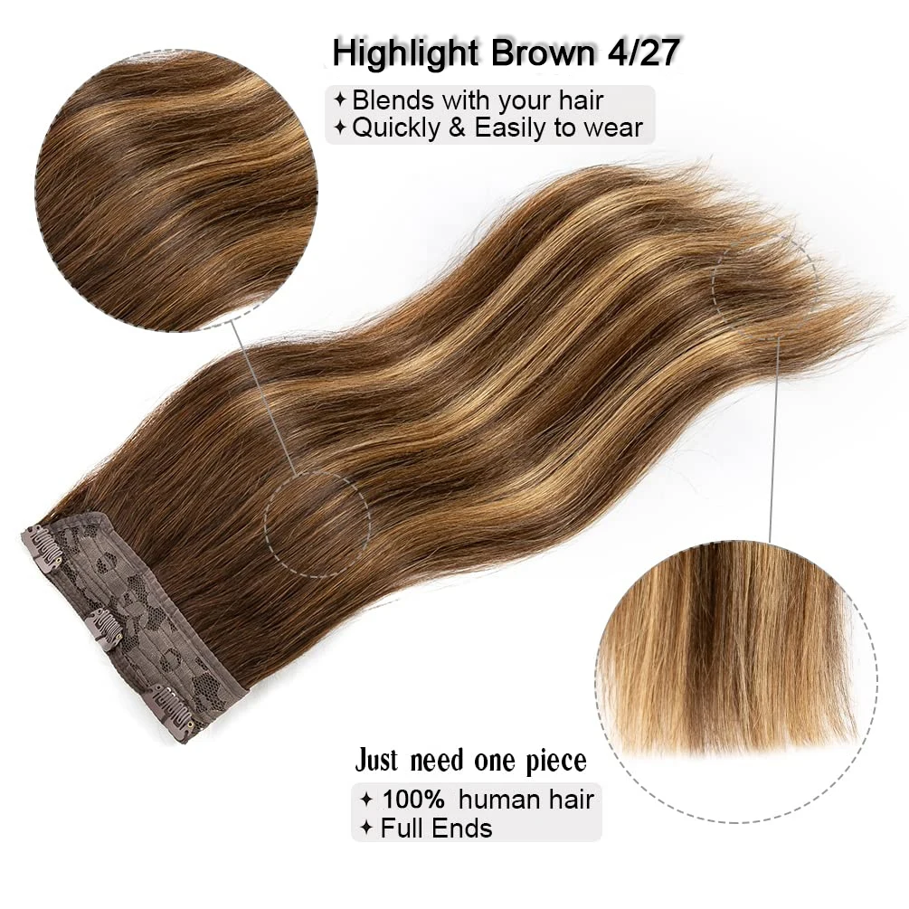 #4/27 Straight Clip In Hair Extensions 100% Human Hair Highlight One Piece 5 Clips 3/4 Full Head Clip In Human Hair Extensions