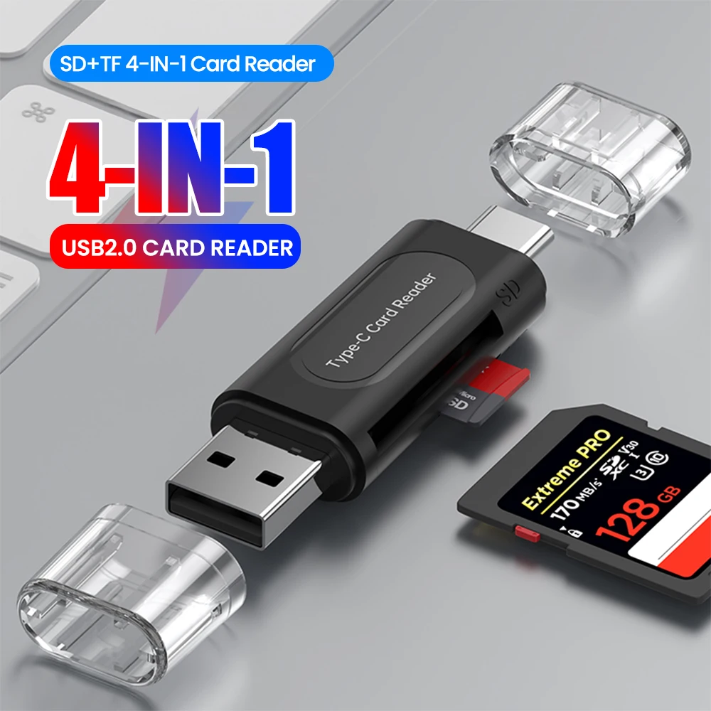 4-in-1 Multifunction USB TYPE-C Card Reader External Storage Black Stretch for Memory Stick USB 2.0 Mini SD TF Card Reader