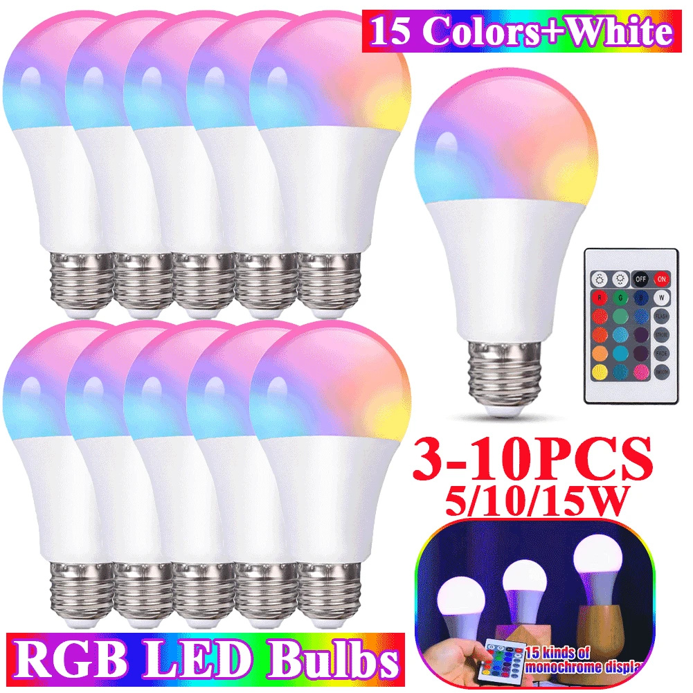 310PCSE27220VRGBLEDBulbs51015W16ColorsLightswithWireless