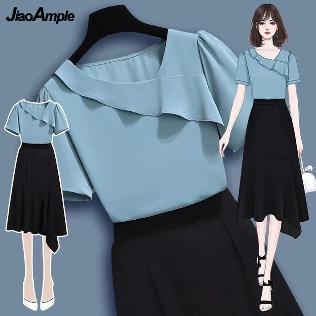 Conjunto piezas de vestido informal para mujer, conjunto de blusa azul con volantes, falda negra, verano - AliExpress