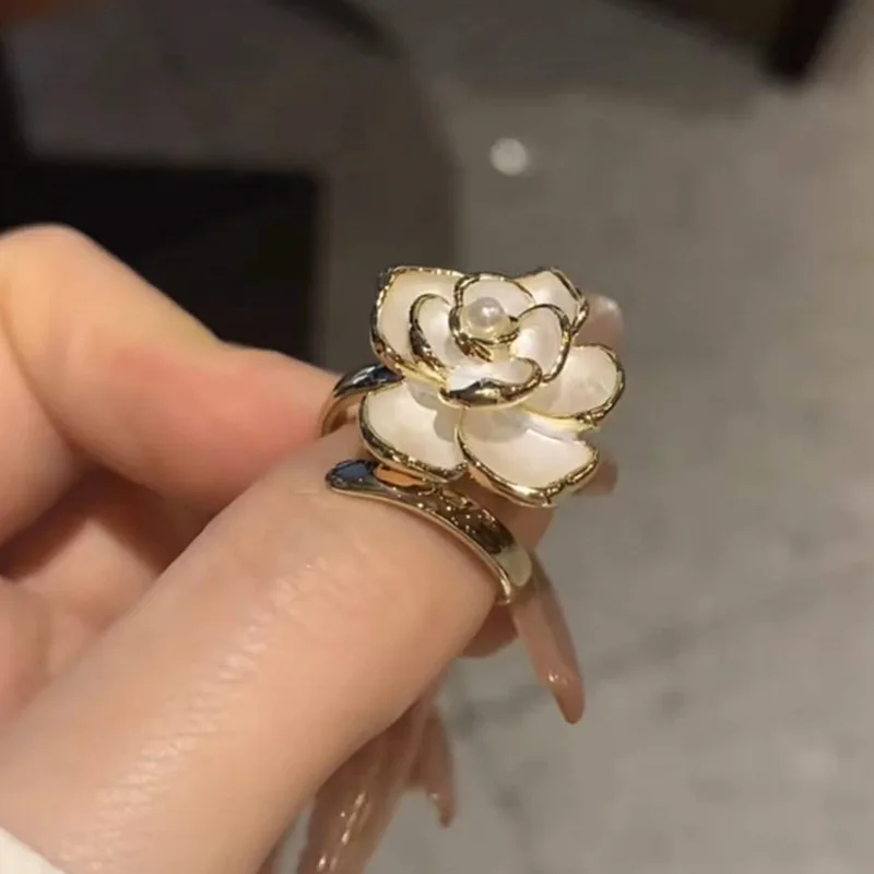 

Simple 14k yellow Gold Plated Camellia Ring for women Niche Design Open Ring Fade-Free Wedding Anniversary High Jewelry Gifts
