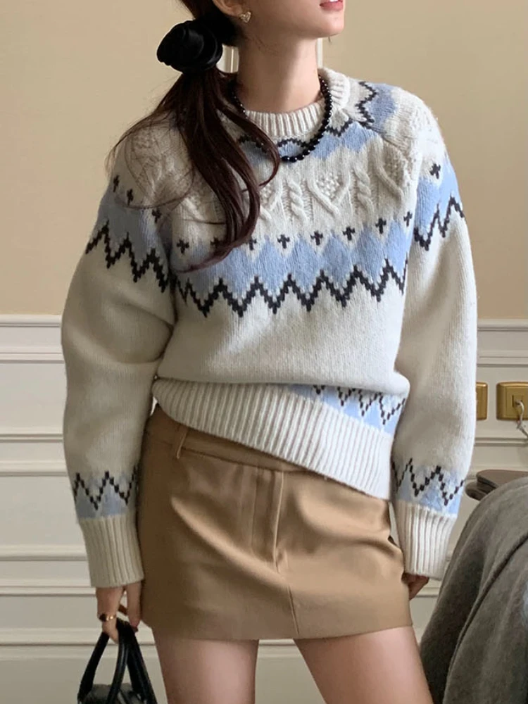 

HOUZHOU Nordic Knit Sweater Women Korea Dongdaemun 2023 Winter Vintage Geometric Jacquard Sweater Round Neck Pullover Knitwear
