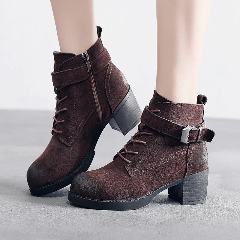 

Hot Sale Medium Heel Platform Boots Women SHoes Fall Winter 2021 Lace up Block Heels Motorcycle Boots Block Plush Ankle Boots