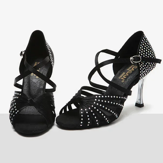 Ballroom Tango Latin Dance Shoes 8.5cm Square Gold Heels Sandals Dancing for Women Ladies Satin Upper Rhinestones 2