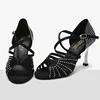 Ballroom Tango Latin Dance Shoes 8.5cm Square Gold Heels Sandals Dancing for Women Ladies Satin Upper Rhinestones 2