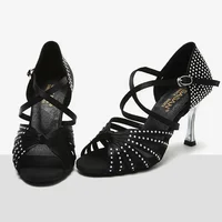 Ballroom Tango Latin Dance Shoes 8.5cm Square Gold Heels Sandals Dancing for Women Ladies Satin Upper Rhinestones 2